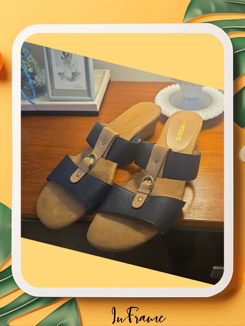 AEROSOLES Navy and Tan Buckle Slide Sandals Size 9 1/2